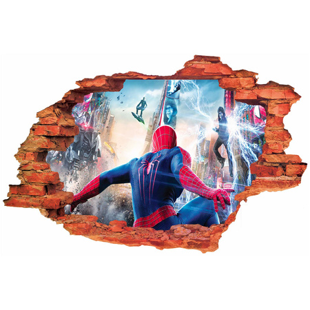 Naklejka na ścianę 3D Spider Man leci walka w mieście 90 cm na 60 cm