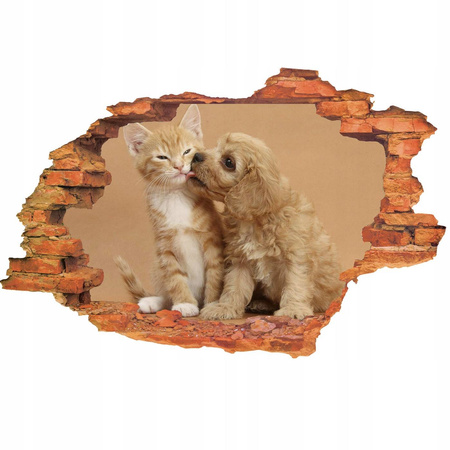 Naklejka na ścianę 3D Pies i Kot słodka przyjaźń pomiędzy psem i kotem 90 cm na 60 cm